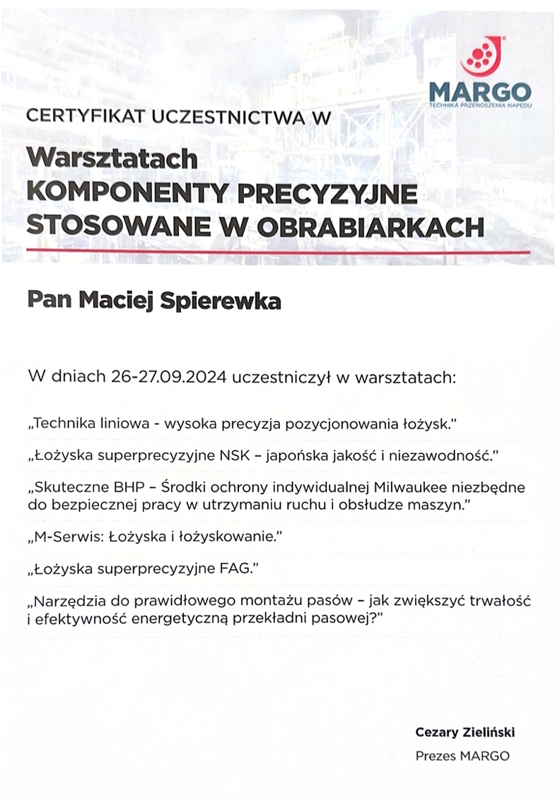 Certyfikat dotyczący precyzyjnych komponentów wrzeciona