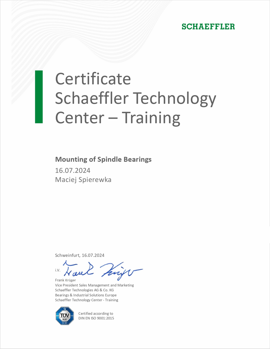 Certyfikat zgodności montażu łożysk