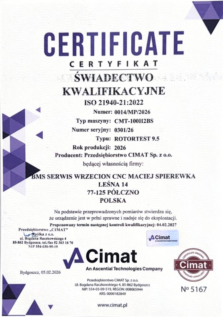 Certyfikat Cimat potwierdzający sprawność wyważarki